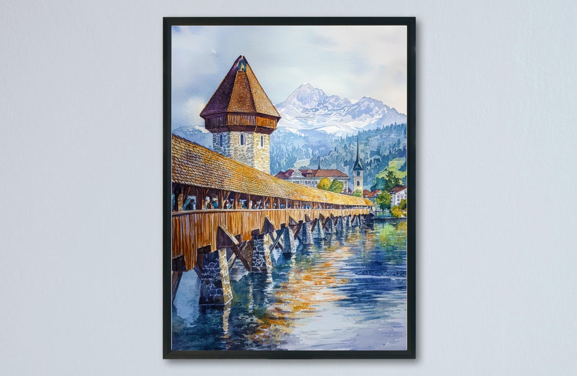 Lucerne Iconic Chapel Bridge Pilatus Peak Watercolor Travel Poster