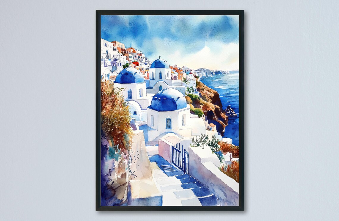 Santorini Blue Domed Churches Oia Watercolor Greece Art Poster
