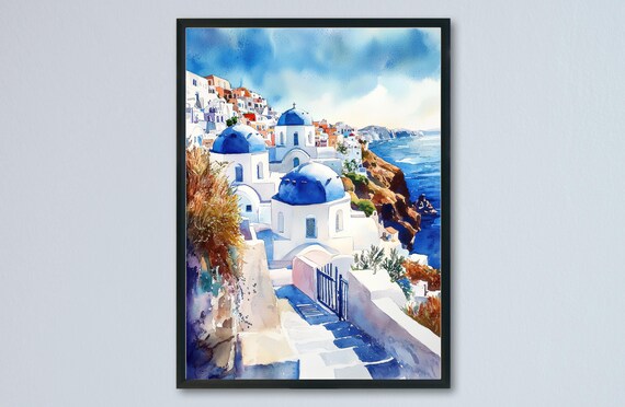 Santorini Blue Domed Churches Oia Watercolor Greece Art Poster