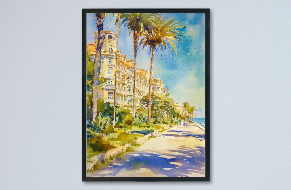 Estoril Palm Lined Seaside Promenade Watercolor Travel Poster