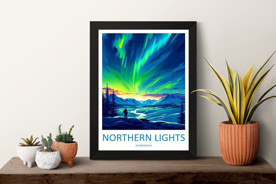 Northern Lights Scandinavia Aurora Snowy Peaks Night Travel Poster - Image 3