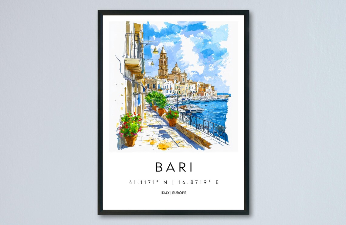 Bari Italy Watercolor Travel Poster Waterfront Promenade Scene
