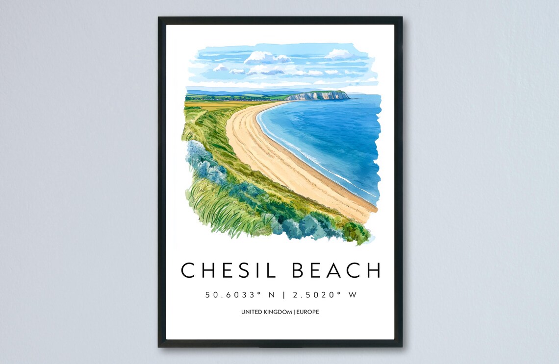 Chesil Beach Curved Shoreline Watercolor England Coast Art Poster