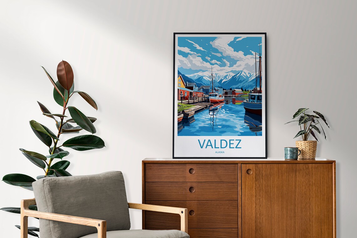 Valdez Alaska Harbor Colorful Fishing Boats Mountain Travel Poster - Image 2