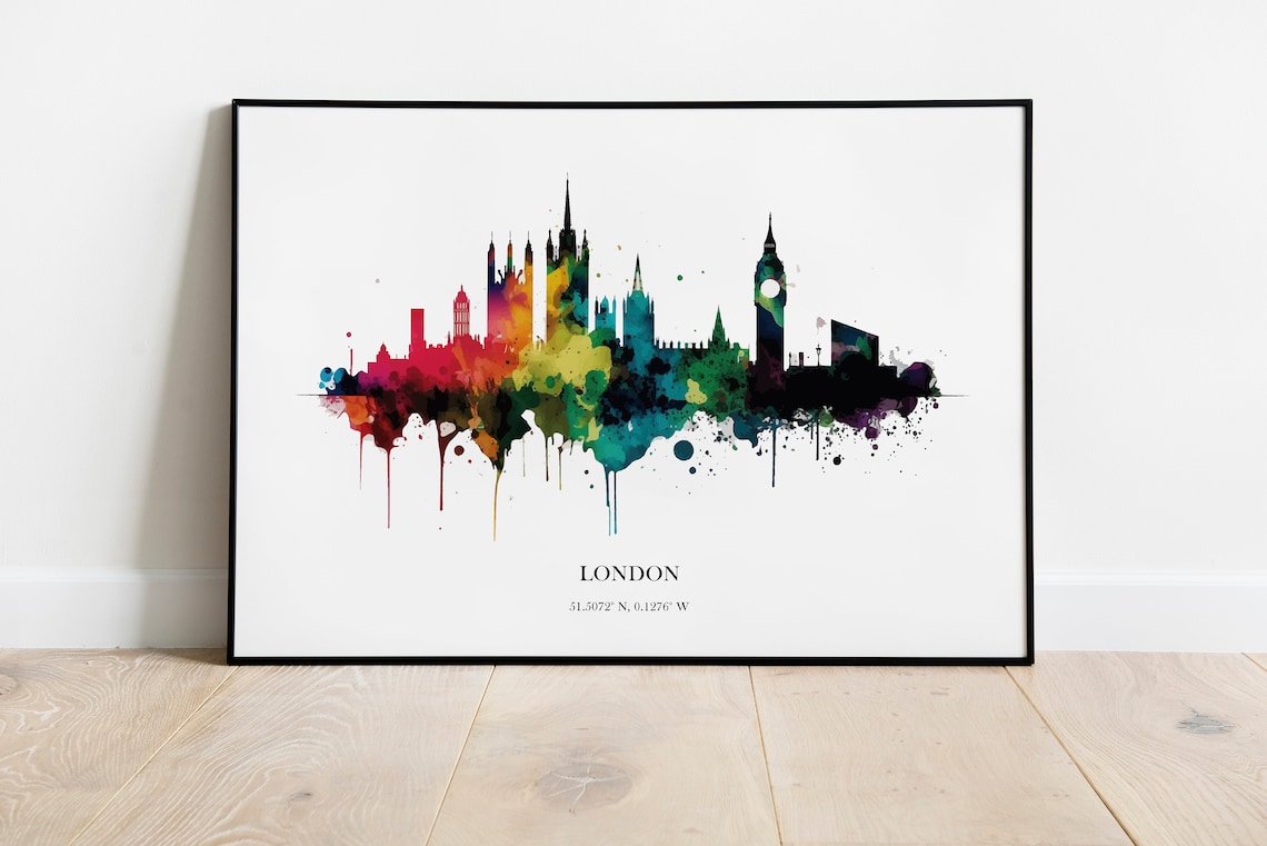 London Watercolour Skyline Art Print, UK Cityscape