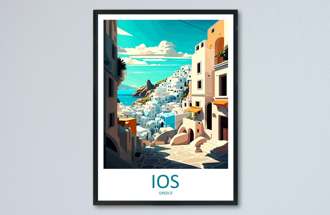 Ios Greece Sunlit Whitewashed Village Lane Aegean Travel Poster