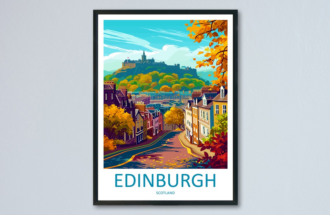 Edinburgh Scotland Castle Hill Autumn Street Golden Trees Poster