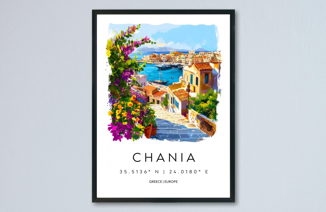 Chania Watercolor Greece Harbor Steps Bougainvillea Travel Poster