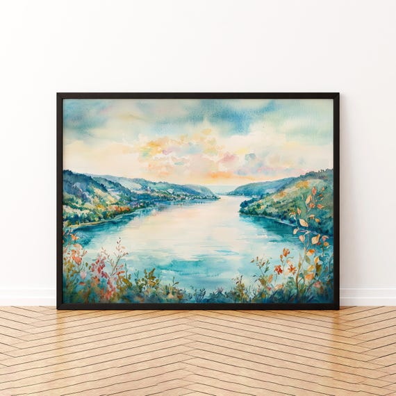 Danube River Watercolor Poster Landscape Wall Art Hanging Home Dcor Gift Lovers Austria