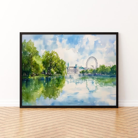 London Eye Ferris Wheel Across the Water in Bright Summer Watercolor Poster