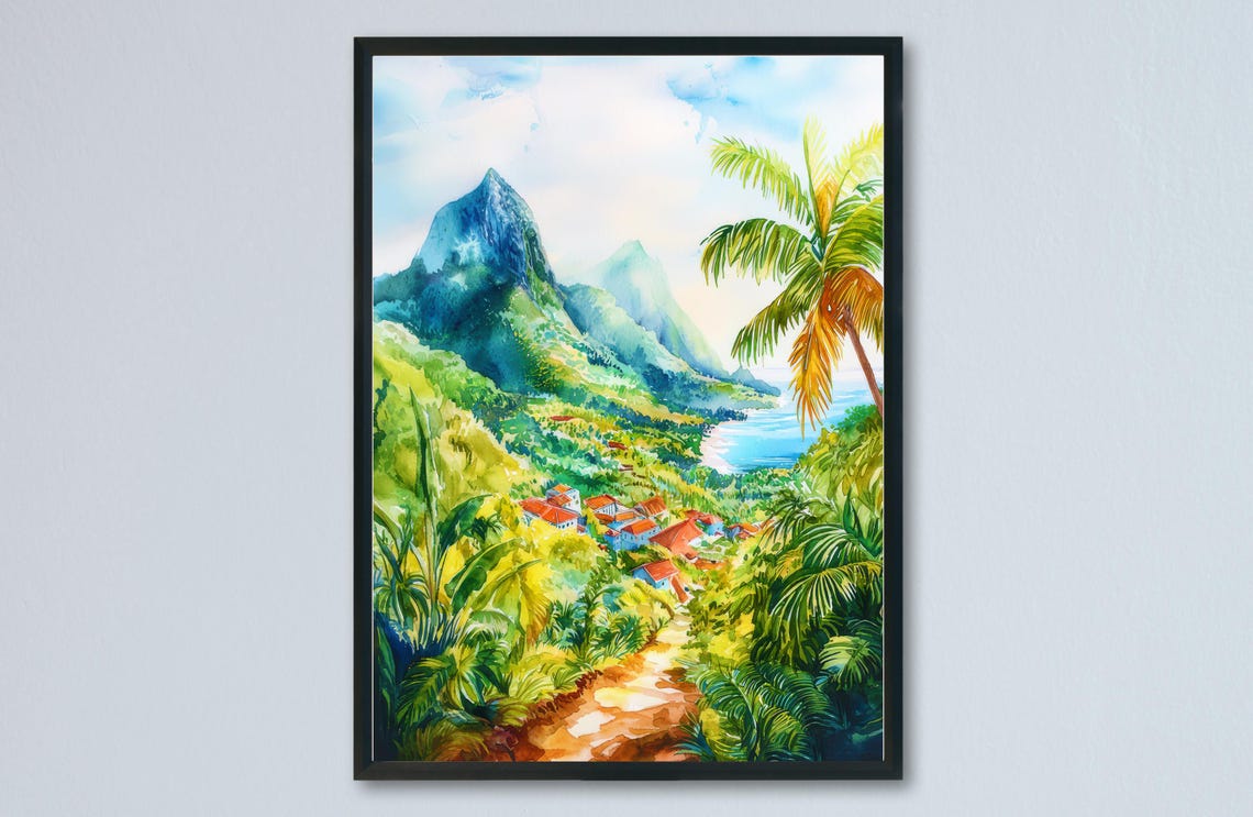 Majestic Twin Volcanic Pitons Over Tropical Green Bay Poster