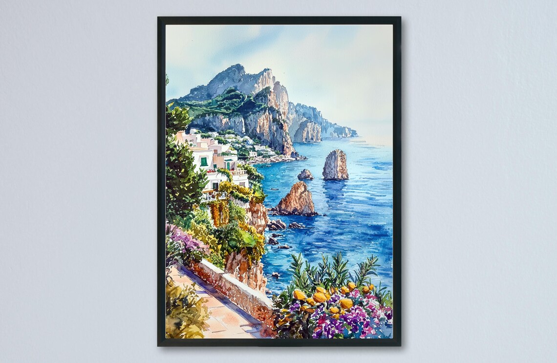 Capri Faraglioni Rocks Cliffs Lemons Italy Coast Watercolor Poster