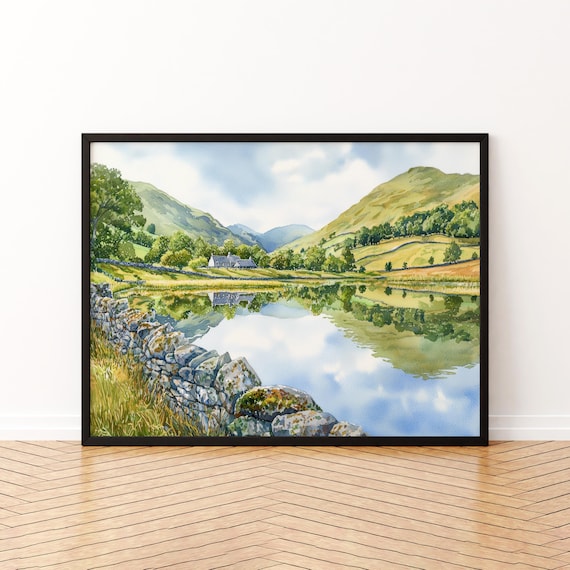 Brotherswater Lake District Still Lake Stone Wall England Watercolor Poster