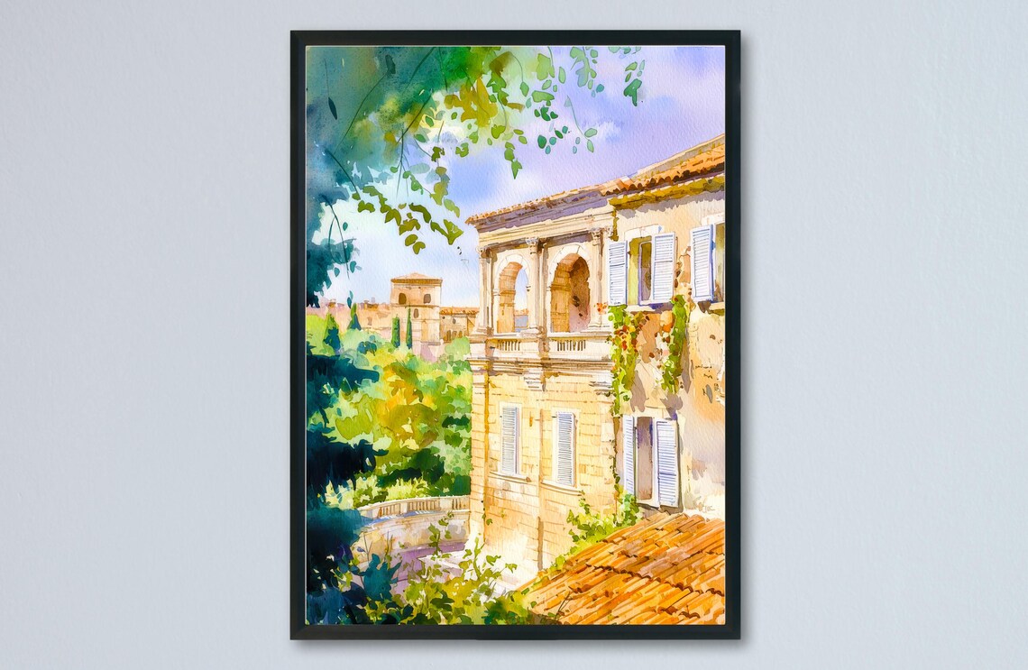 Nimes France Roman Arena Old Town Stone Watercolor Art Poster