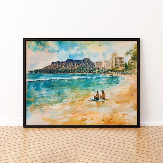 Waikiki Beach Watercolor Diamond Head Surfers Hawaii Sunset Art Poster