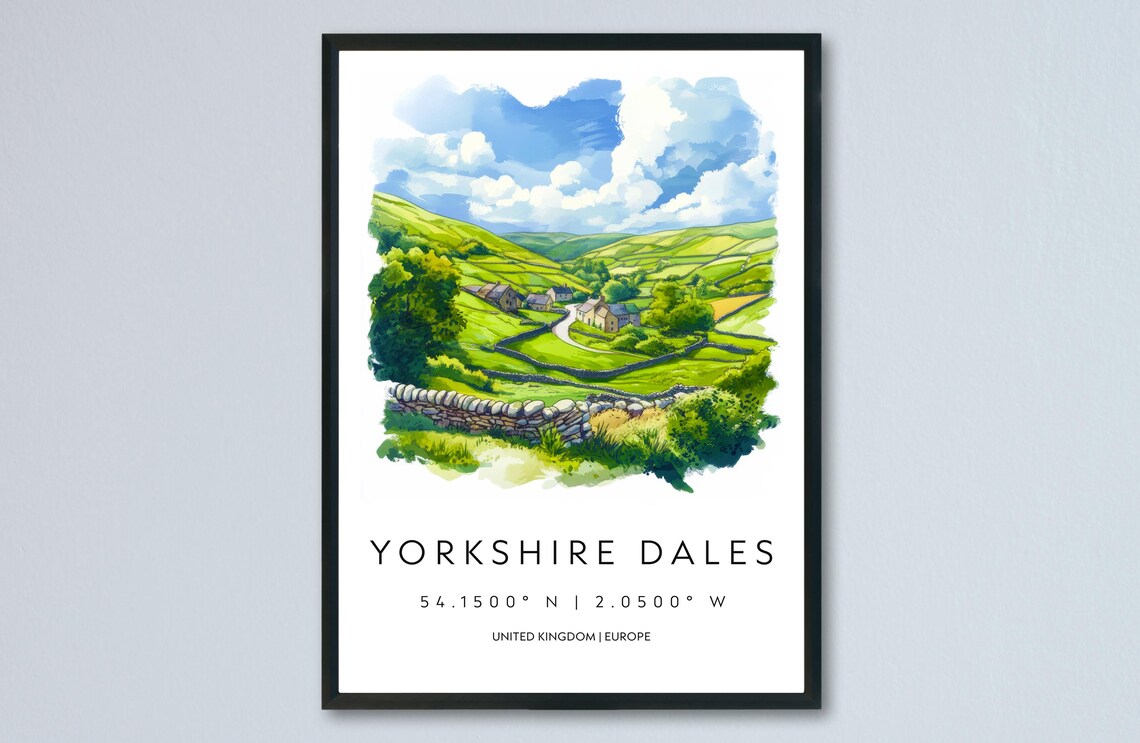 Yorkshire Dales Green Hills England Watercolor Travel Poster