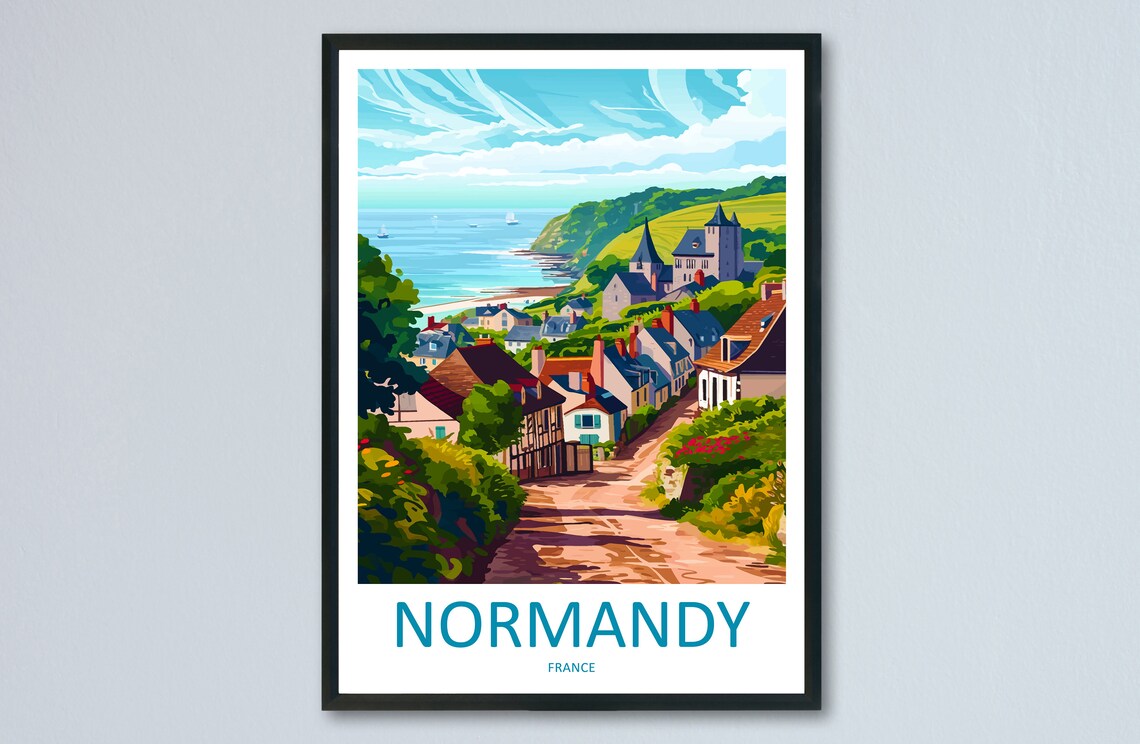 Normandy France Travel Poster Coastal Village Seaside Charm View