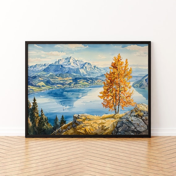 Rigi Switzerland Watercolor Poster Autumn Lake Golden Tree Peak View