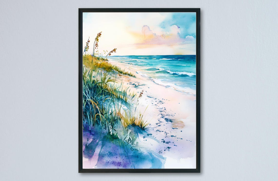 Pastel Dune Beach Sea Grasses Soft Ocean Waves Watercolor Poster