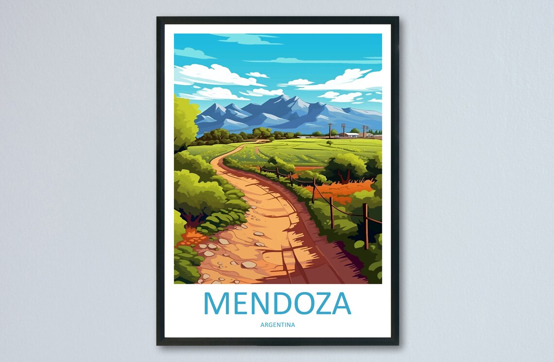 Mendoza Argentina Country Road Green Fields Andes View Travel Poster