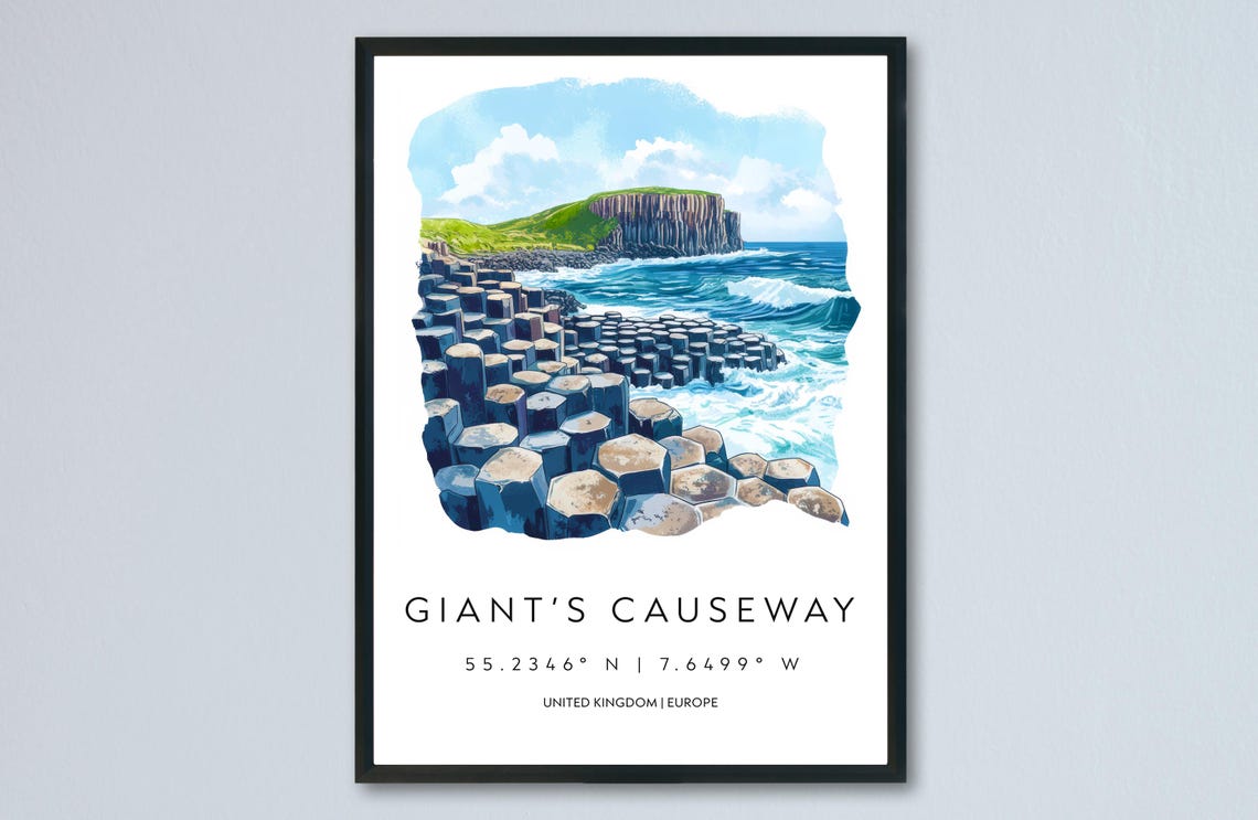 Giants Causeway UK Basalt Column Coast Watercolor Travel Poster