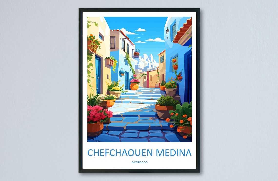Chefchaouen Blue Medina Morocco Travel Poster Painted Street Scene