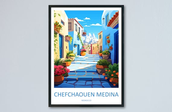 Chefchaouen Blue Medina Morocco Travel Poster Painted Street Scene