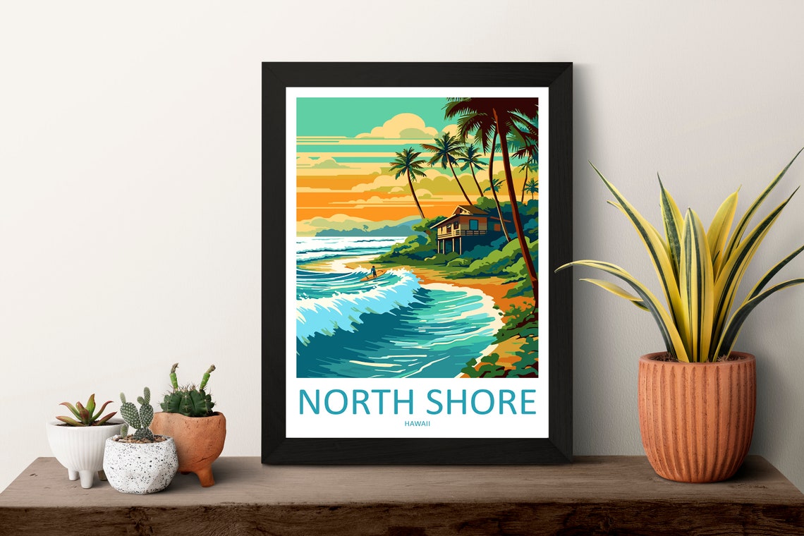 North Shore Hawaii Surf Beach Palm Trees Sunset Wave Scene Poster - Image 3