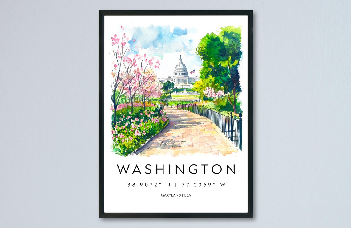 Washington DC Capitol Cherry Blossom Watercolor Travel Souvenir Poster