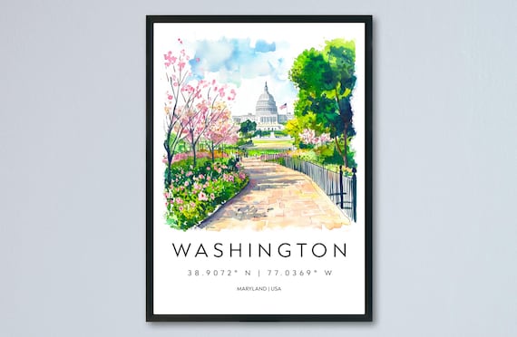 Washington DC Capitol Cherry Blossom Watercolor Travel Souvenir Poster