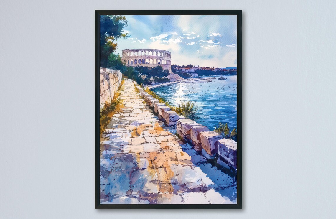 Pula Roman Amphitheatre Seaside Promenade Croatia Watercolor Poster