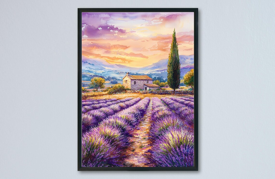 Provence France Lavender Fields Farmhouse Sunset Watercolor Art Poster
