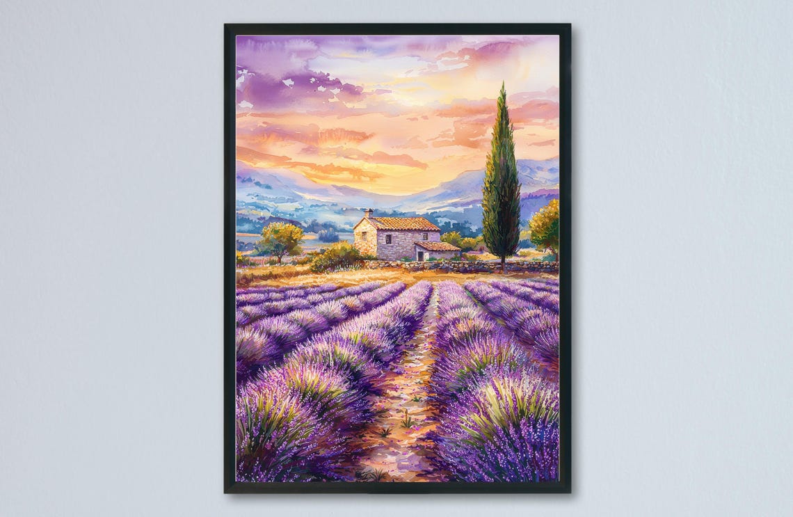 Provence Watercolor Poster Travel Print France Wall Art Decor Lavender Field Landscape French Countryside Scene