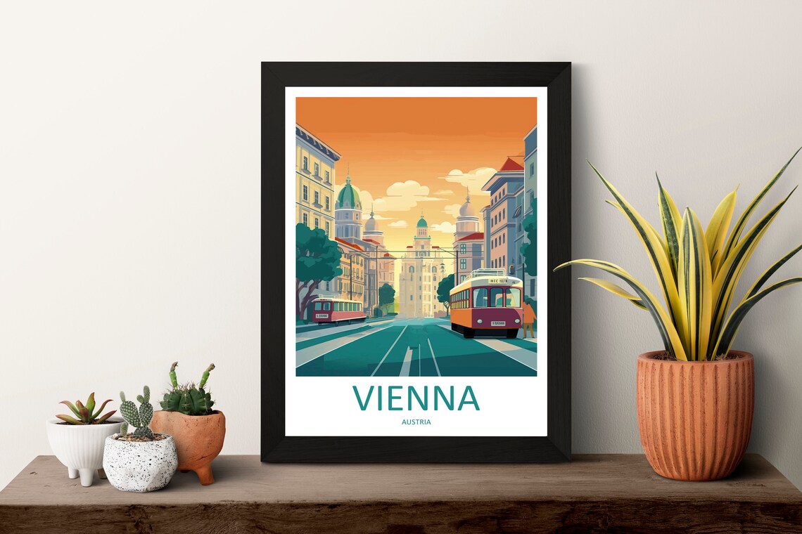 Vienna Austria Sunset Tram Street and Historic Buildings Poster - Image 3