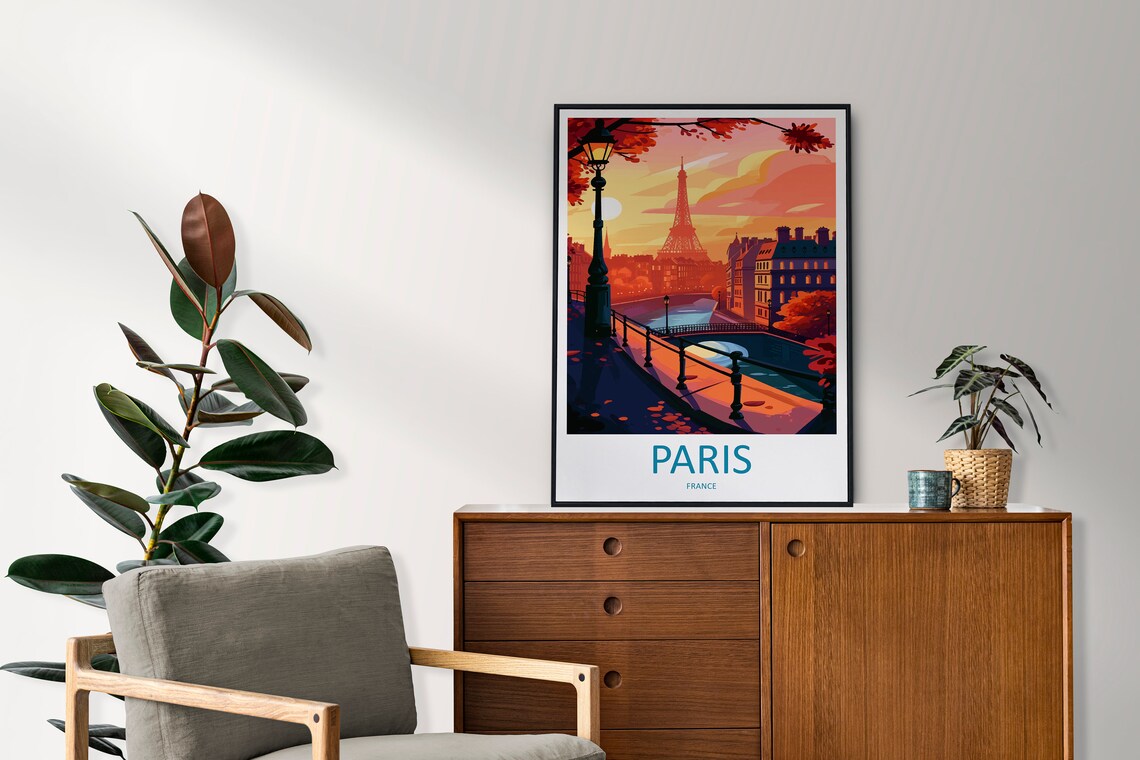 Paris France Eiffel Tower Sunset Lamp Retro Travel Illustration Poster - Image 2