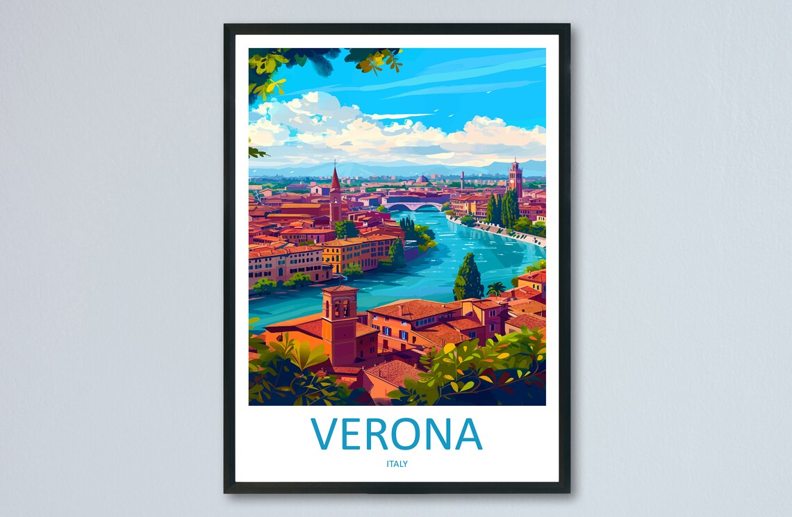 Verona Italy Adige River Panoramic Old Town View Travel Poster