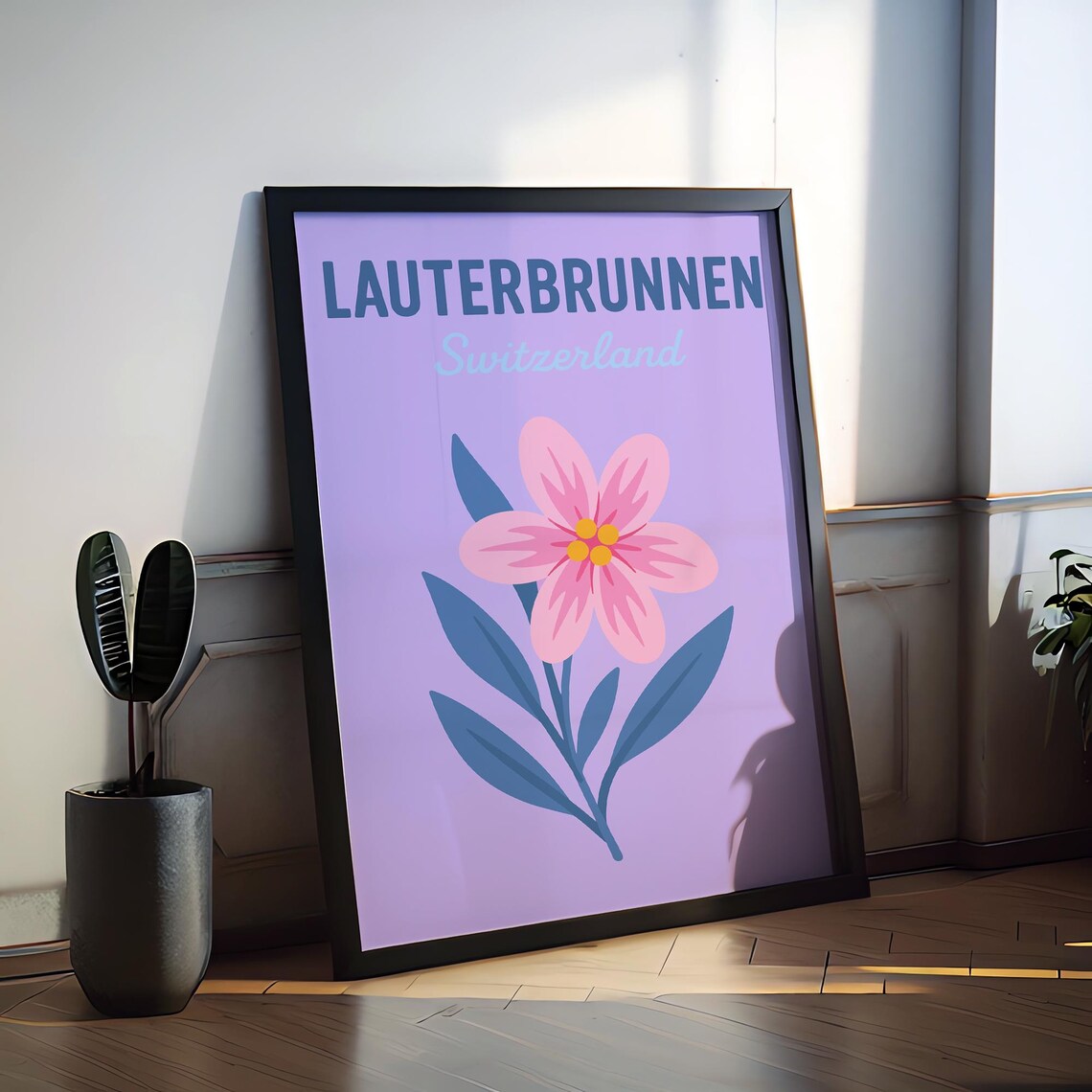Lauterbrunnen Switzerland Pink Flower Alpine Preppy Travel Poster
