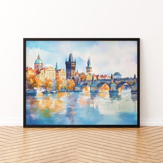 Prague Czech Republic Watercolor Poster Travel Print Cityscape Painting Old Town Wall Art Europe Decor Souvenir
