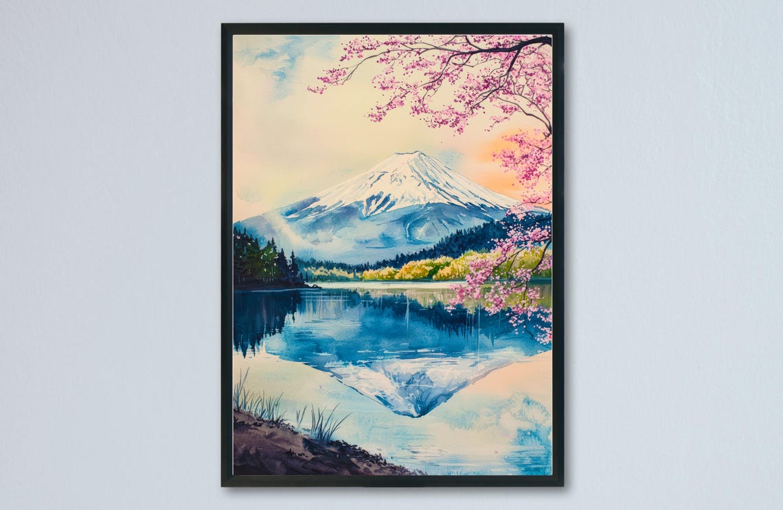 Mount Fuji Cherry Blossom Lake Reflection Watercolor Japan Poster