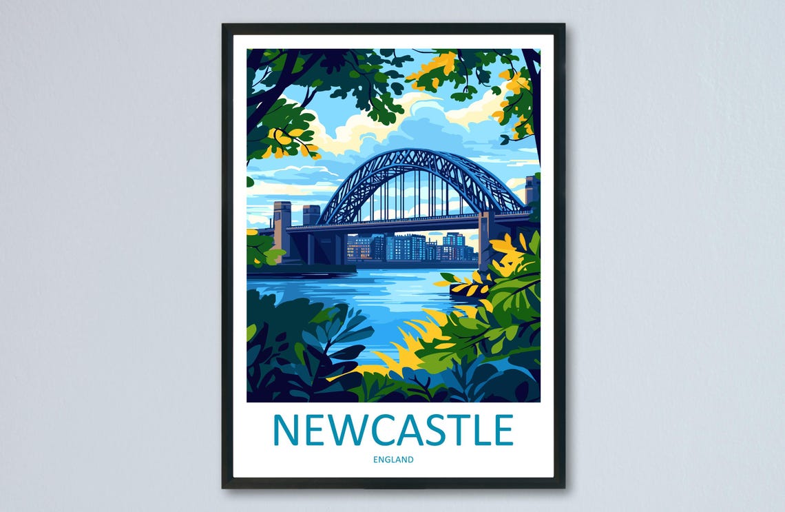 Newcastle Tyne Bridge River Foliage Framed City England Travel Poster