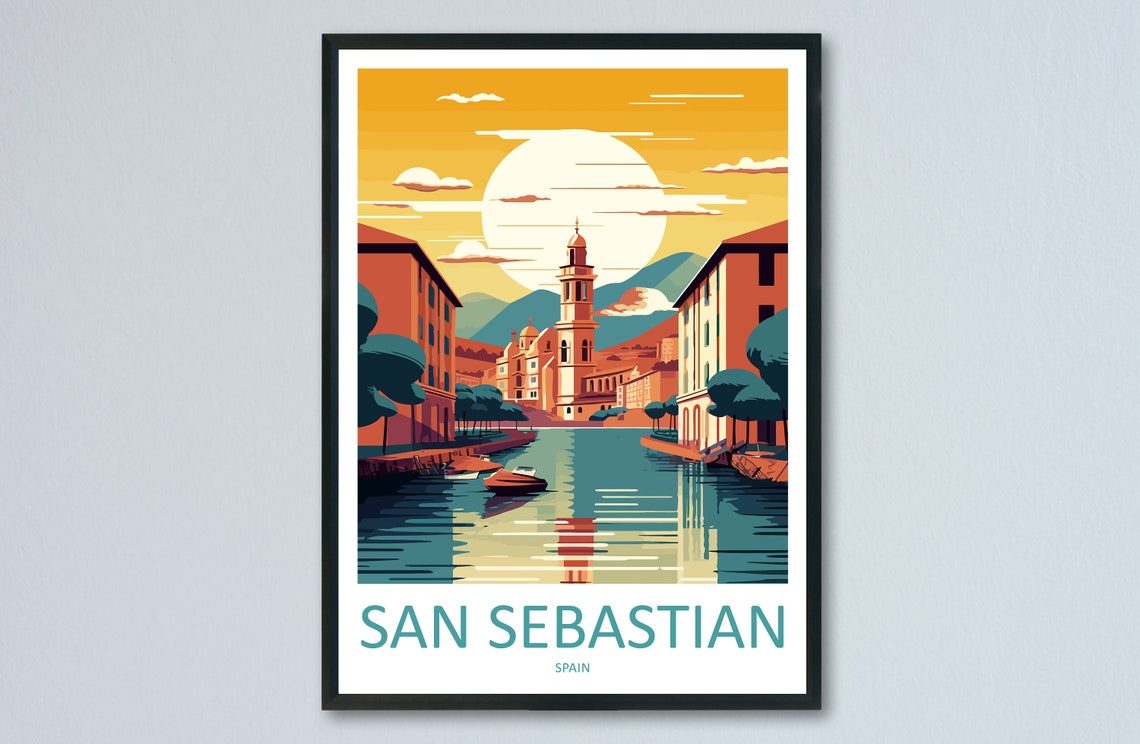San Sebastian Spain Sunset River Old Town Bell Tower Travel Poster