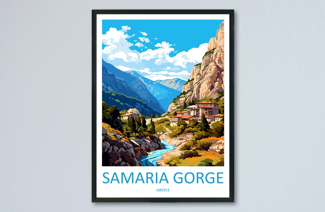 Samaria Gorge Greece River Valley Poster with Mountain Village