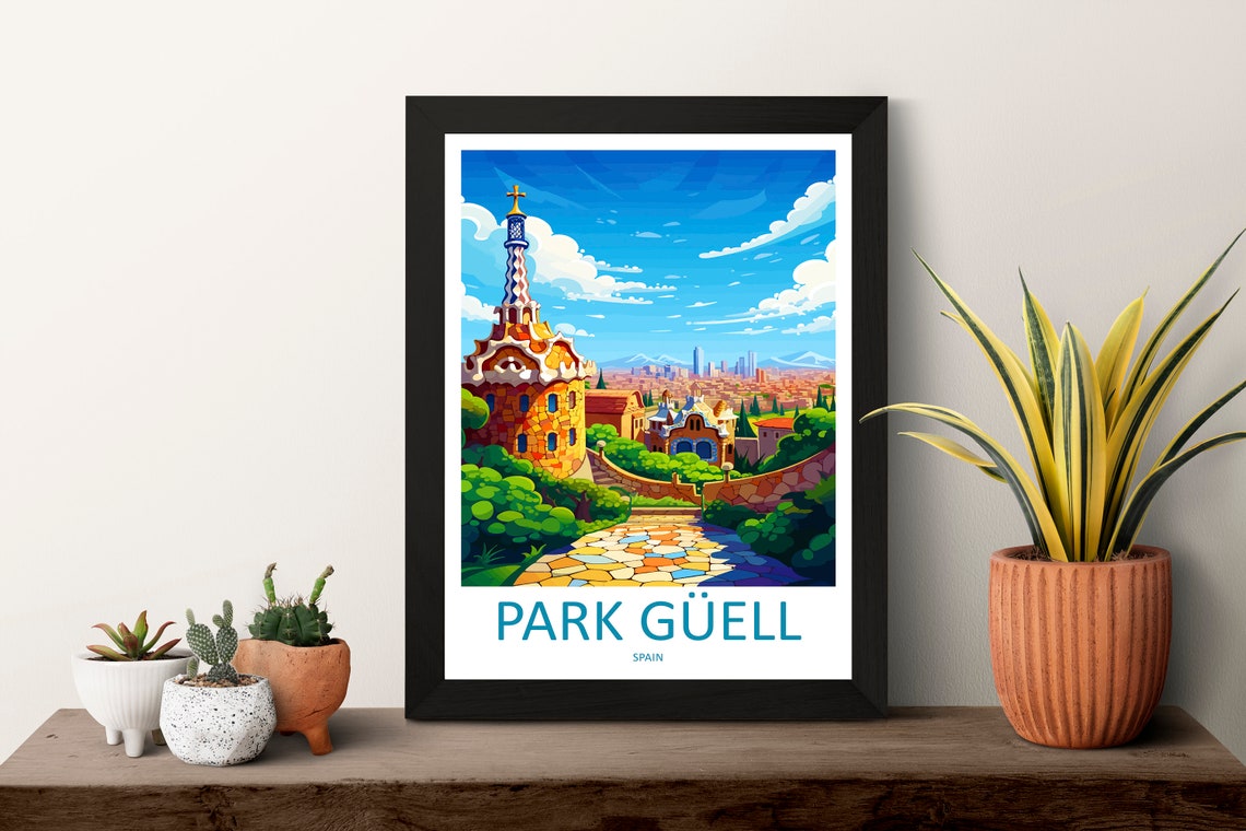 Park Guell Barcelona Gaudi Mosaic Gatehouse Landmark Art Poster - Image 3