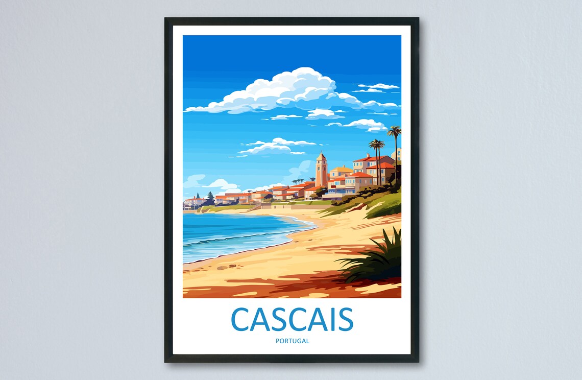 Cascais Portugal Sandy Beach Seaside Town Palms Travel Poster Art