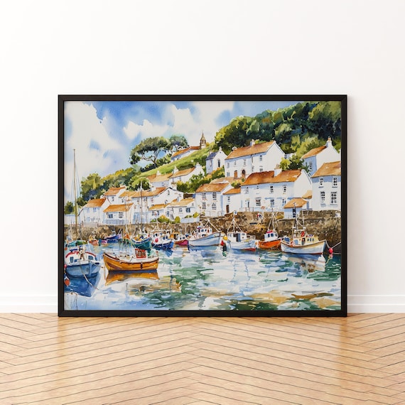 Polperro Cornwall Fishing Harbor Watercolor Boats Coastal Village Poster