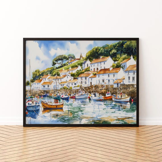 Polperro Cornwall Watercolor Poster Travel Print Coastal Village Painting Harbour Wall Art Seaside Decor Uk Souvenir