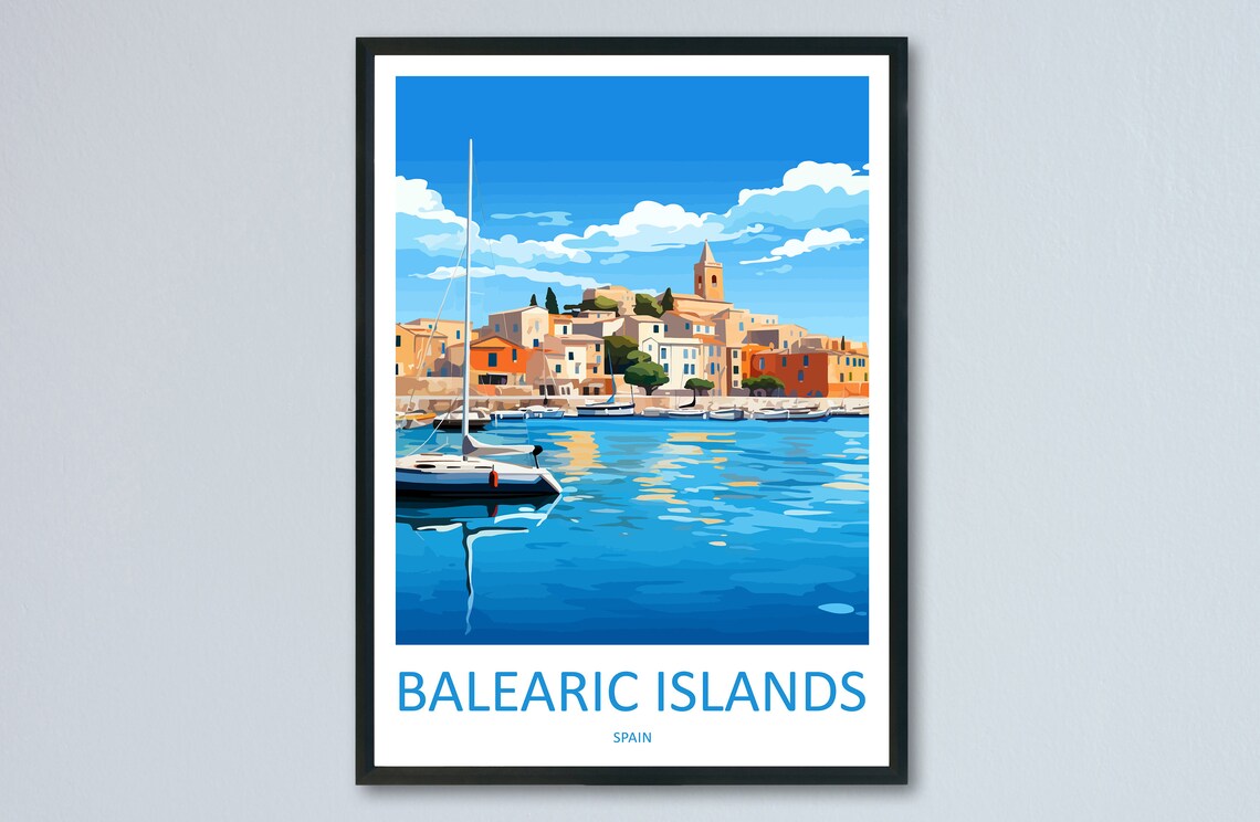 Balearic Islands Spain Sailboat Harbor Village Travel Poster Art