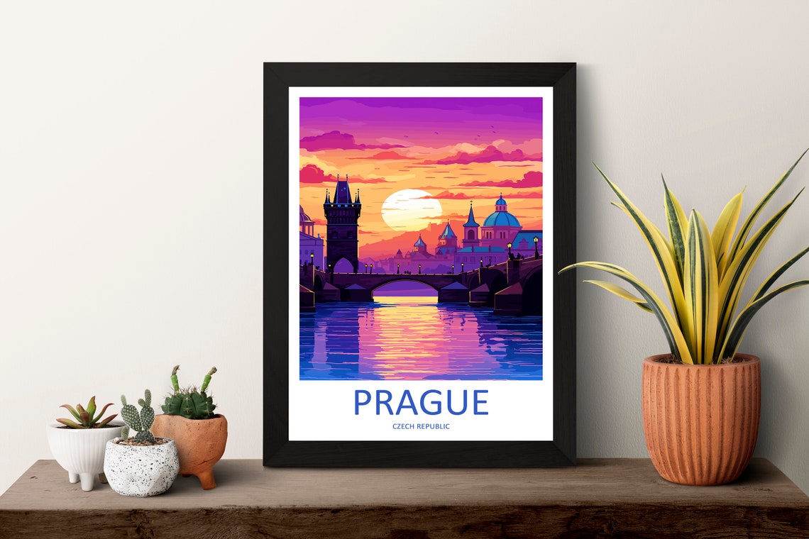 Prague Charles Bridge Sunset Retro Travel Illustration Poster - Image 3