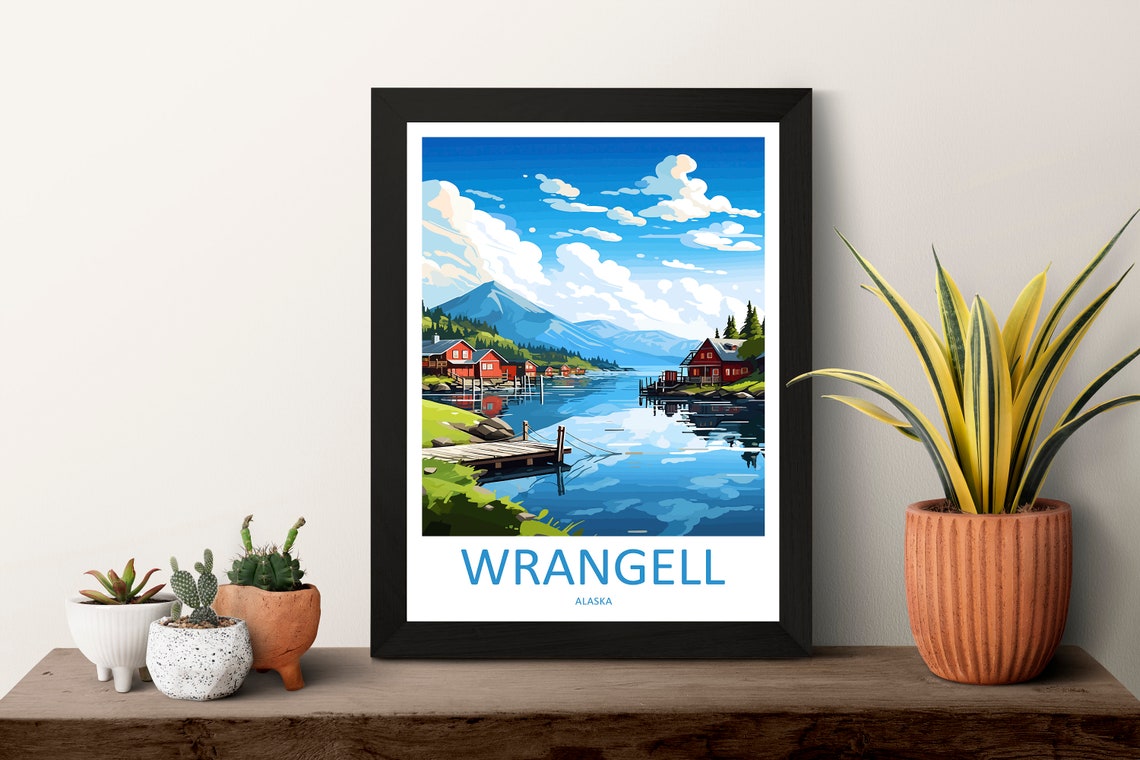 Wrangell Alaska Harbor with Red Cabins and Snowy Mountains Poster - Image 3