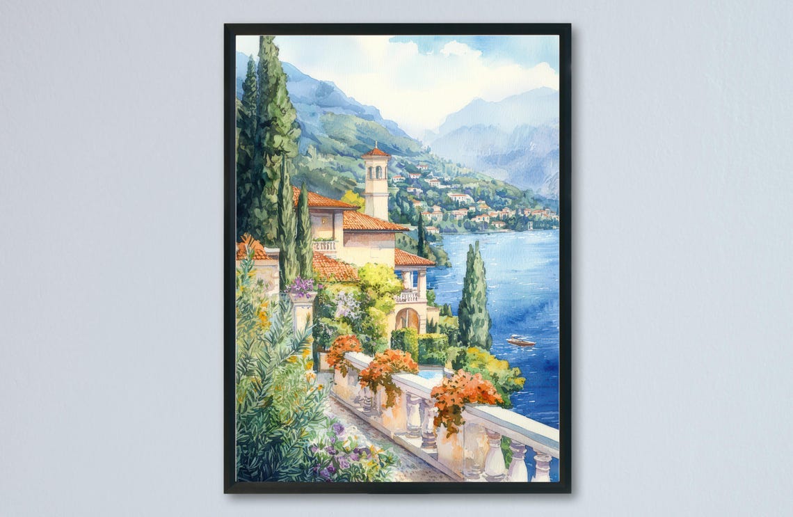Lake Como Italy Villa Terrace Flowers Lakeside View Art Poster